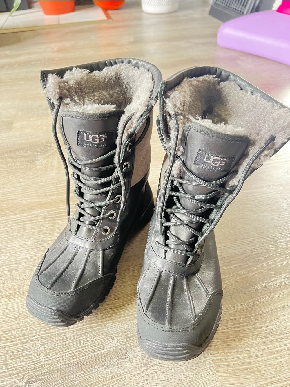 UGG Black Lace-Up Snow Boots with Shearling Trim